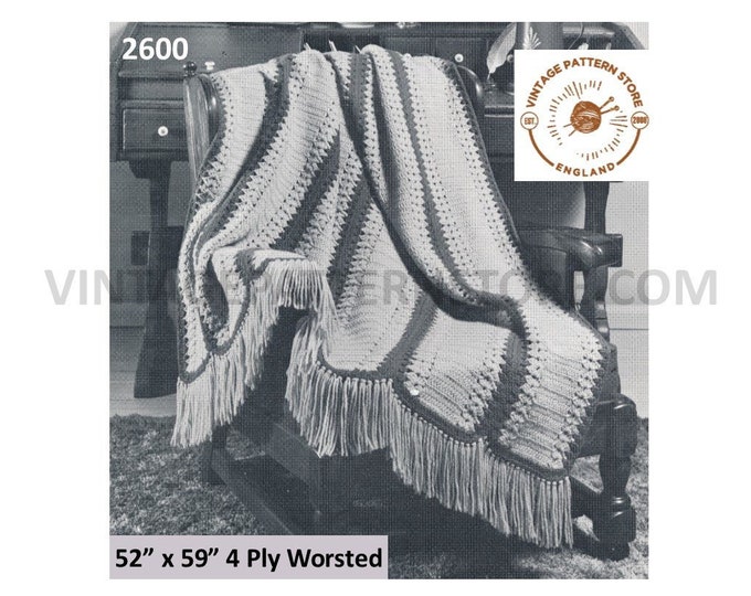 60s vintage 4 ply striped fringed afghan throw pdf crochet pattern 52" by 59" instant PDF download 2600