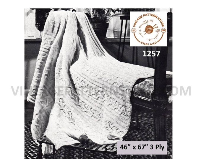 70s vintage retro 3 ply cable cabled afghan throw pdf knitting pattern 46" by 67" Instant PDF download 1257