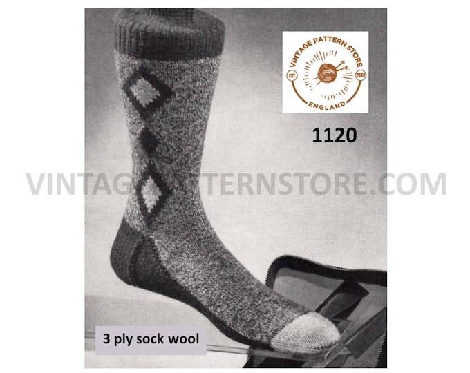 Mens socks knitting pattern, Mens 50s Scottish diamond socks knitting pattern, Mens 3 ply socks pattern - PDF download 1120