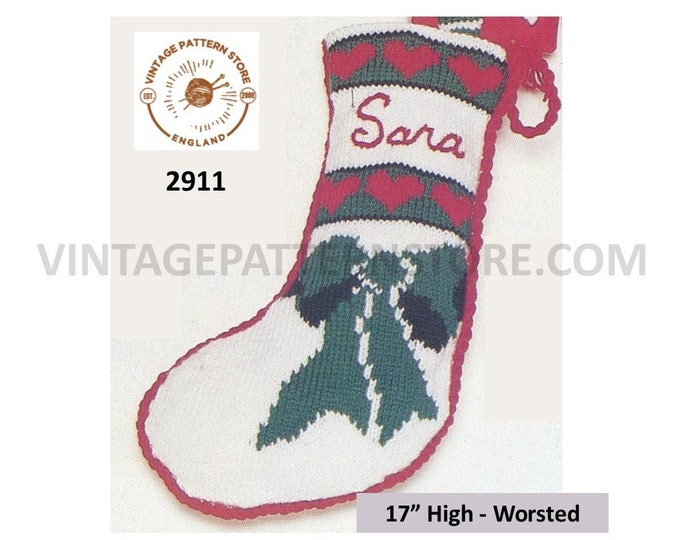 Girls Boys 80s personalised embroidered hearts and bows intarsia Christmas worsted stocking pdf knitting pattern 17" High PDF Download 2911