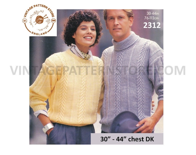Ladies Womens Mens 90s DK round or polo neck drop shoulder cable cabled sweater jumper pdf knitting pattern 30" to 44" chest Download 2312