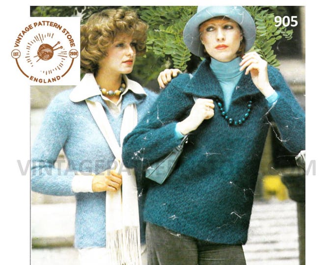 Ladies Womens 70s vintage simple and easy to knit V neck collared raglan mohair sweater jumper pdf knitting pattern 30" to 38" Download 905