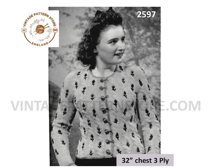 Ladies Womens 40s vintage 3 ply round neck floral embroidered raglan cardigan pdf knitting pattern 32" chest Instant PDF download 2597