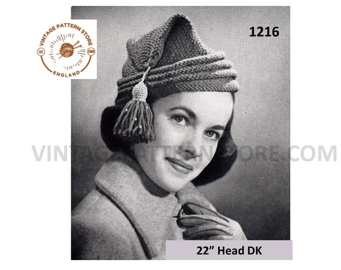 Ladies Womens 50s vintage DK L'habitant tasselled hat cap pdf knitting pattern 22" head Size Instant PDF download 1216