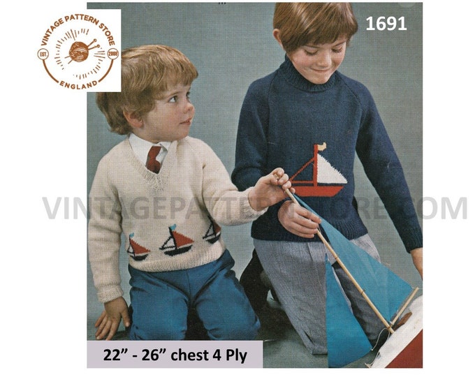 Boys Childrens 70s vintage V or polo neck boat yacht intarsia motif raglan sweater jumper pdf knitting pattern 22" to 26" PDF download 1691
