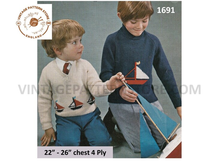 Boys Childrens 70s vintage V or polo neck boat yacht intarsia motif raglan sweater jumper pdf knitting pattern 22" to 26" PDF download 1691