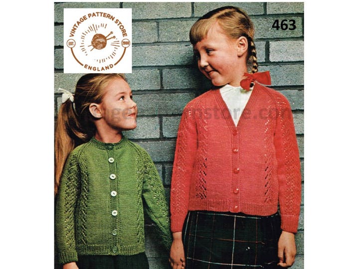 Girls 80s vintage 4 ply V or round neck eyelet lace panel lacy raglan cardigan pdf knitting pattern 22" to 26" chest Instant Download 463