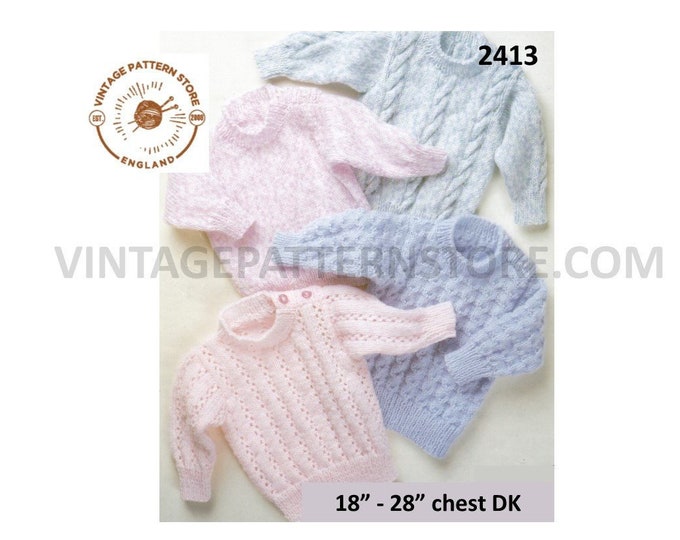 Baby Babies Toddlers 90s DK easy to knit lacy textured and cable cabled raglan sweater jumper pdf knitting pattern 18" to 28" download 2413