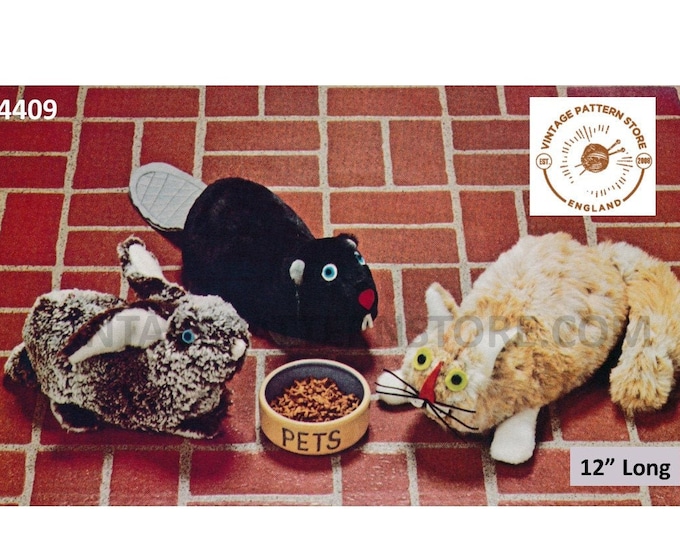 70s vintage cuddly toy bean bag beanie animals beaver rabbit and cat pdf sewing pattern 12" Long or Makes to desired size PDF Download 4409
