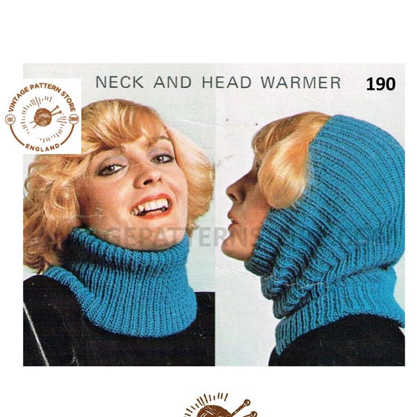 Ladies Womens 90s easy to knit beginners ribbed dual use DK cowl neck & snood pdf knitting pattern Instant PDF Download 190