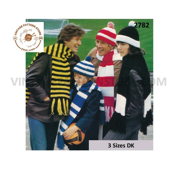 Mens Ladies Womens Boys Girls 70s vintage easy to knit DK striped fringed football scarf and hat pdf knitting pattern Instant Download 2782