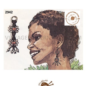 May include: A vintage pattern for a pair of earrings with red beads and a brown cord. The pattern is from Vintage Pattern Store, England.