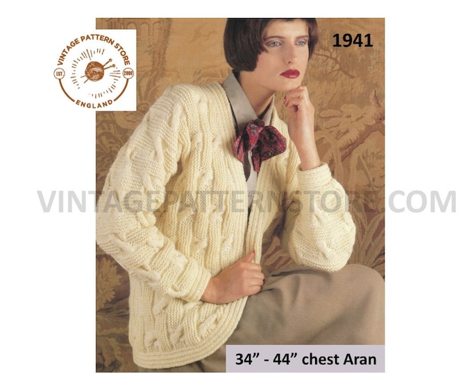 Ladies Womens 90s V neck cabled aran open fronted dolman cardigan jacket knitting pattern 34" - 44" chest Instant PDF download 1941