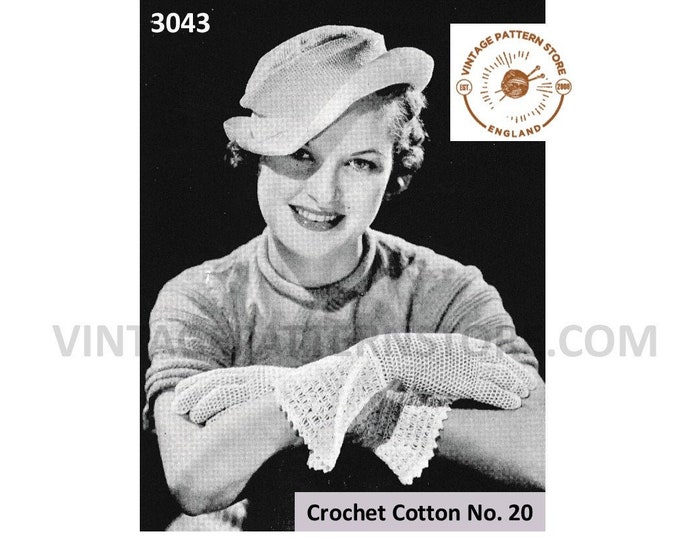 Ladies Womens 30s vintage open mesh lace lacy gauntlet gloves pdf crochet pattern 6" palm size Instant PDF Download 3043