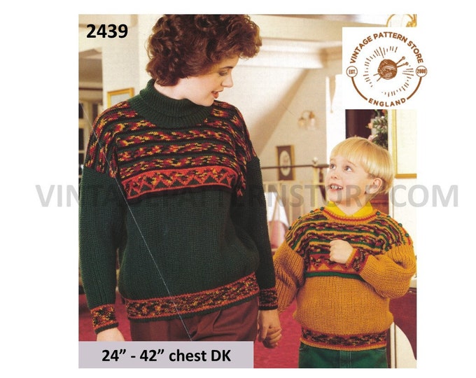 Ladies Womens Mens Boys Girls 90s family DK round or polo neck fair isle banded sweater jumper pdf knitting pattern 24" to 42" Download 2439