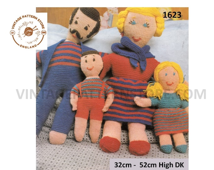 80s vintage DK cuddly toy doll family pdf knitting pattern 32cm to 52cm high Instant PDF Download 1623