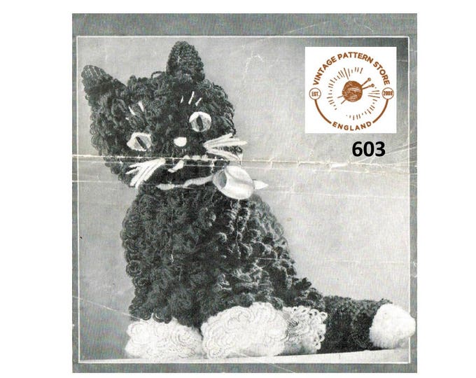 30 vintage 3 ply loop stitch cuddly toy cat kitten pdf knitting pattern 11.5" high Instant PDF download 603