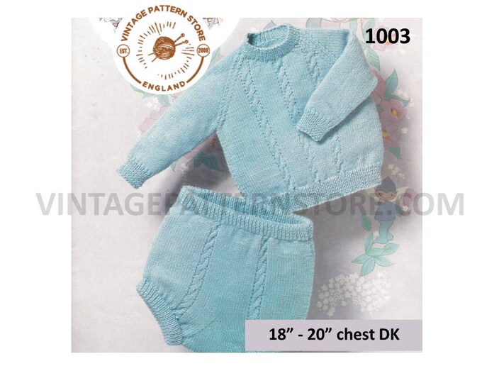 Baby Babies 60s vintage DK crew neck twist cable cabled raglan sweater jumper and pilch shorts pdf knitting pattern 18" to 20" Download 1003