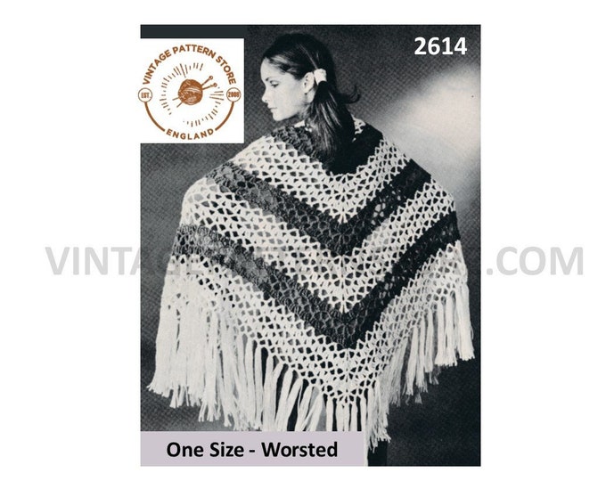 Ladies Womens 70s vintage fringed worsted lacy lace & striped shawl wrap pdf crochet pattern One Size PDF download 2614