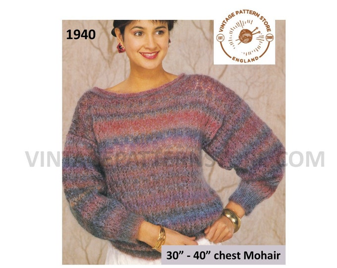 Ladies Womens 90s boat neck striped drop shoulder lacy lace mohair dolman sweater jumper pdf knitting pattern 30" to 40" chest download 1940