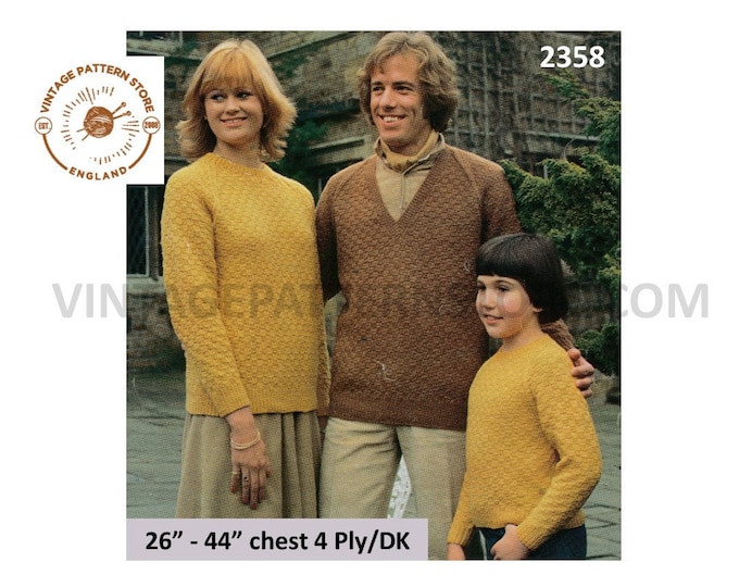 70s family sweater knitting pattern, Ladies Mens Boys Girls textured 70s DK and 4 ply sweater pattern - 26" - 44" chest - PDF download 2358