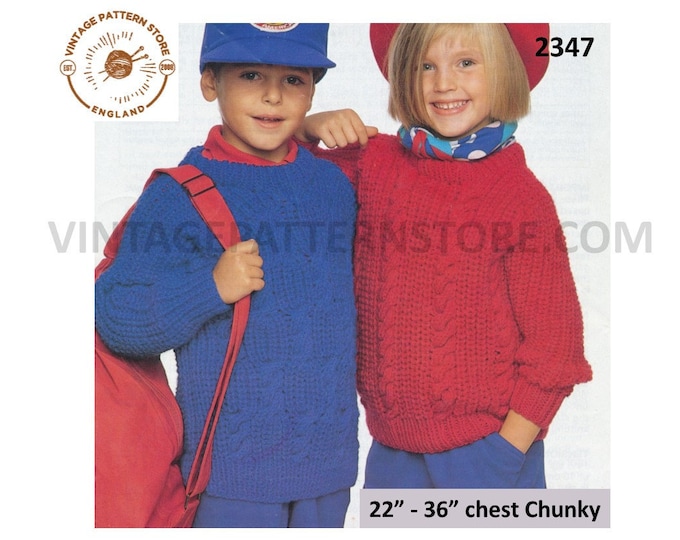 Childrens Toddlers Boys Girls 90s crew neck chunky knit cable cabled raglan sweater jumper pdf knitting pattern 22" to 36" PDF Download 2347