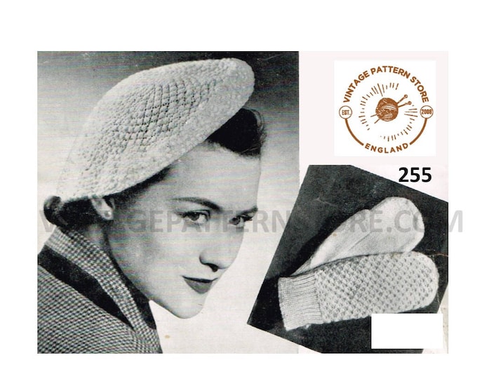 Ladies Womens 30s vintage 4 ply bobble stitch beret hat & mittens pdf knitting pattern 20" head size Instant PDF Download 256
