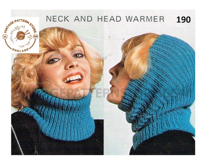 Ladies Womens 90s easy to knit beginners ribbed dual use DK cowl neck & snood pdf knitting pattern Instant PDF Download 190