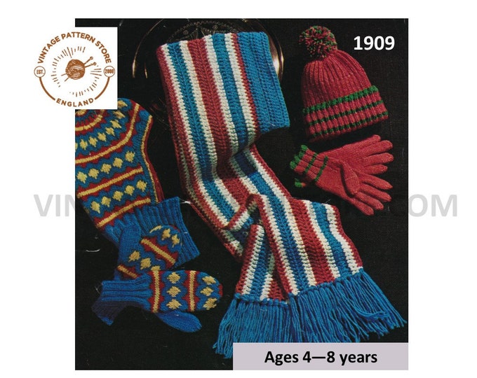 Hat scarf knitting patterns, Childrens hooded scarf fair isle balaclava & mittens hat and gloves pattern- age 4 - 8 - PDF download 1909