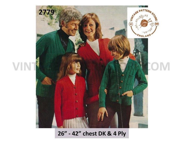 Ladies Womens Mens Boys Girls 70s family vintage DK or 4 ply V neck rib ribbed raglan cardigan pdf knitting pattern 26" to 42" Download 2779