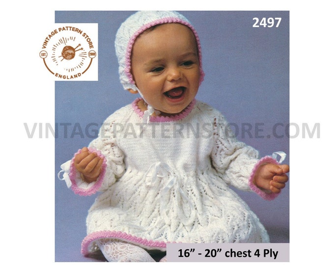 Baby Babies 90s 4 ply picot lace lacy round neck raglan dress & bonnet pdf knitting pattern 16" to 20" chest Instant PDF download 2497