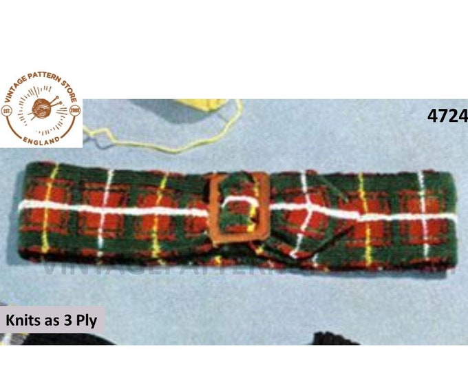 Mens Mans Ladies Womens 50s vintage 3 ply traditional Scottish tartan belt pdf knitting pattern make to size Instant PDF Download 4724