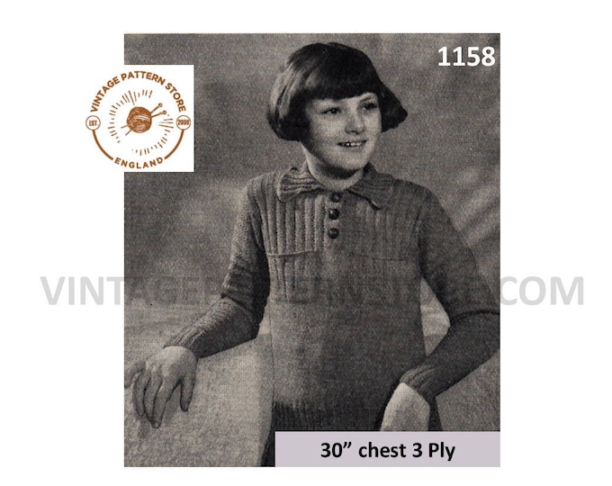 Girls 30s vintage 3 ply shirt neck collared ribbed rib panel yoke yoked raglan sweater jumper pdf knitting pattern 30" chest Download 1158