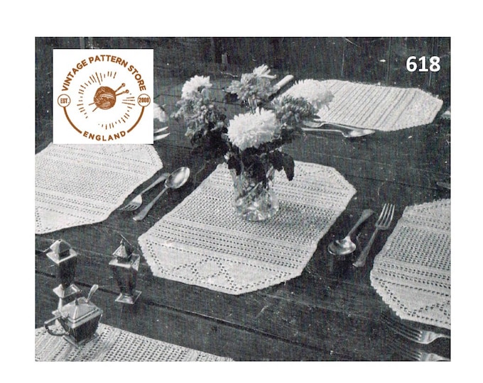 40s vintage octagonal lace lacy doily doilies place mats dining luncheon set pdf crochet pattern Instant PDF download 618