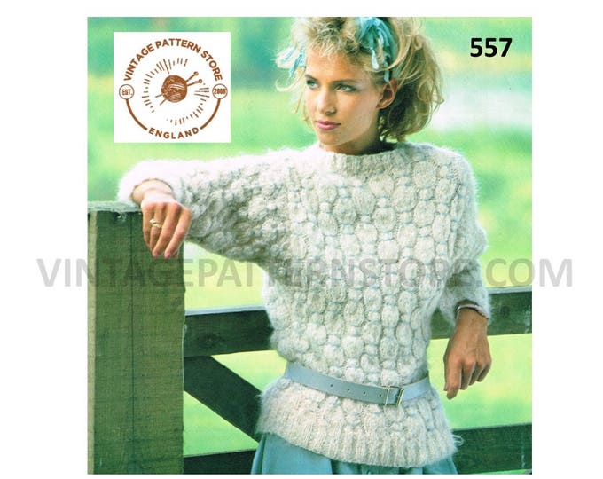 Ladies Womens 90s round neck cable cabled dolman aran sweater jumper pullover pdf knitting pattern 32" to 38" bust Instant PDF download 557
