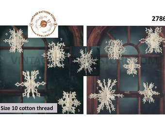 70s vintage snowflake Christmas tree decoration ornament pdf crochet pattern 10 designs makes to size Instant PDF download 2786