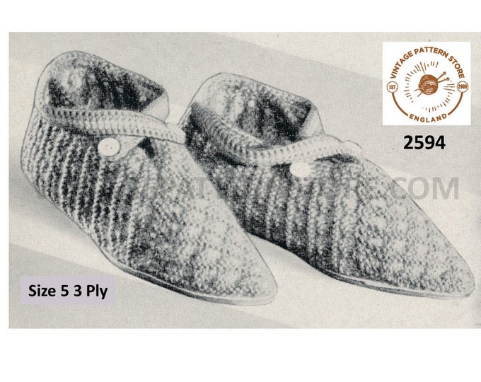 Ladies Womens 40s vintage 3 ply crossover bedroom slippers with clasp pdf knitting pattern Ladies Size 5 Only Instant PDF download 2594