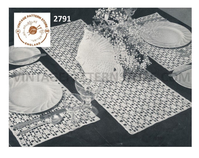 40s vintage rectangular place mat table runner dining and luncheon set pdf crochet pattern 12" by 18" & 12" by 32" Instant PDF download 2791