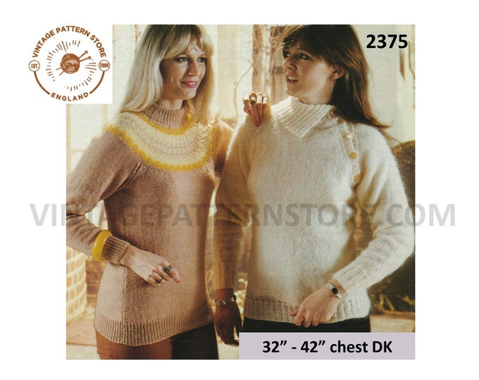 Ladies Womens 80s split collar button shoulder & fair isle yoked polo neck DK raglan sweater pdf knitting pattern 32" to 42" Download 2375