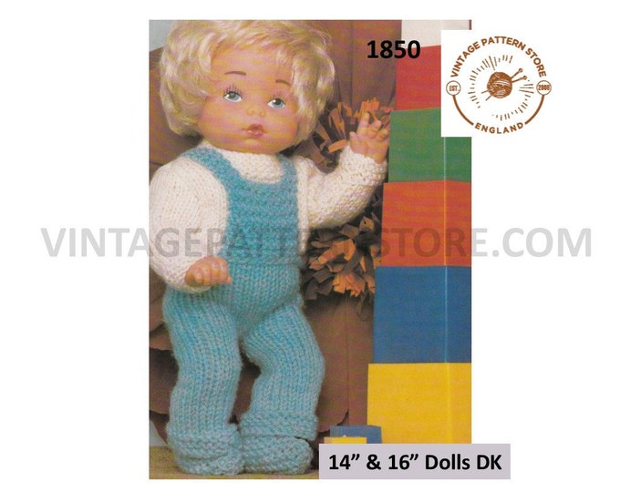 80s vintage 14" 16" DK baby dolls clothes dungarees sweater jumper and shoes booties bootees pdf knitting pattern Instant PDF download 1850