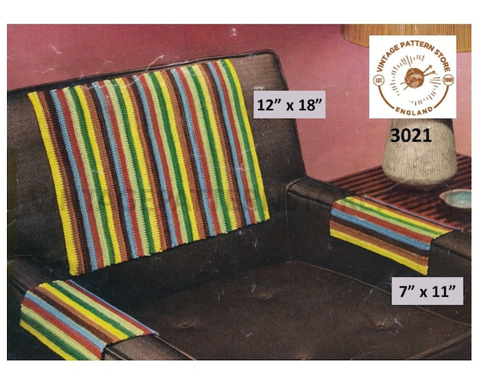 50s vintage retro rainbow striped settee sofa chair back and arm protector covers pdf crochet pattern 7" by 11" & 12" by 18" Download 3021