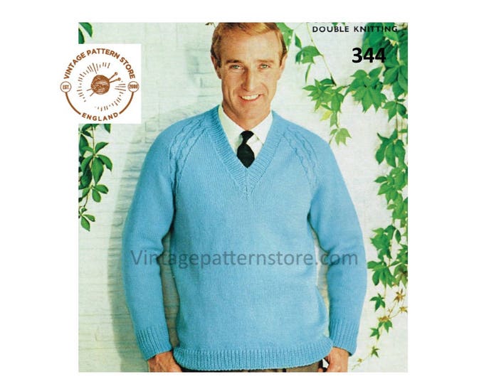 Mens Mans 80s vintage V neck easy to knit cable shoulder seam DK raglan sweater jumper pdf knitting pattern 38" to 42" chest download 344