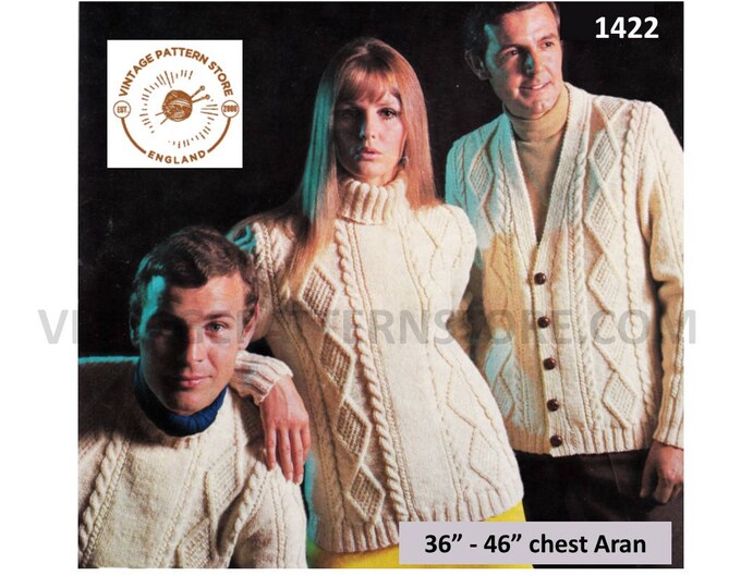 Ladies Womens Mens 70s crew or polo neck cable cabled raglan aran sweater & V neck cardigan pdf knitting pattern 36" to 46" Download 1422