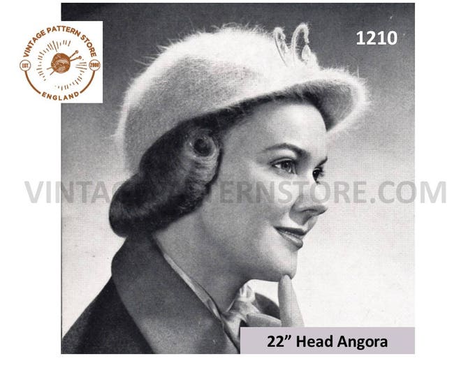 Ladies Womens 50s vintage angora hat pdf crochet pattern 22" head Size Instant PDF download 1210