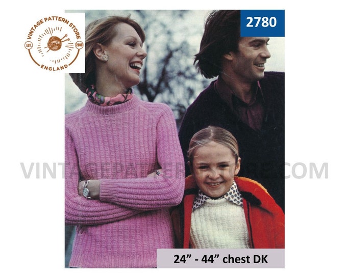 Ladies Womens Mens Boys Girls 70s family vintage DK crew neck textured raglan sweater jumper pdf knitting pattern 24" to 44" Download 2780