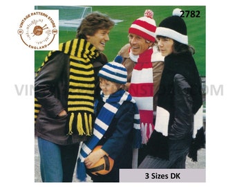 Mens Ladies Womens Boys Girls 70s vintage easy to knit DK striped fringed football scarf and hat pdf knitting pattern Instant Download 2782