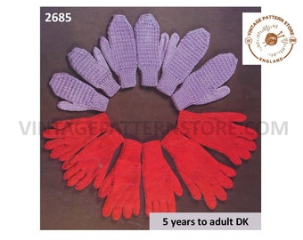 Ladies Womens Mens Boys Girls 80s family easy to knit DK gloves and mittens pdf knitting pattern age 5 to adult Instant PDF download 2685