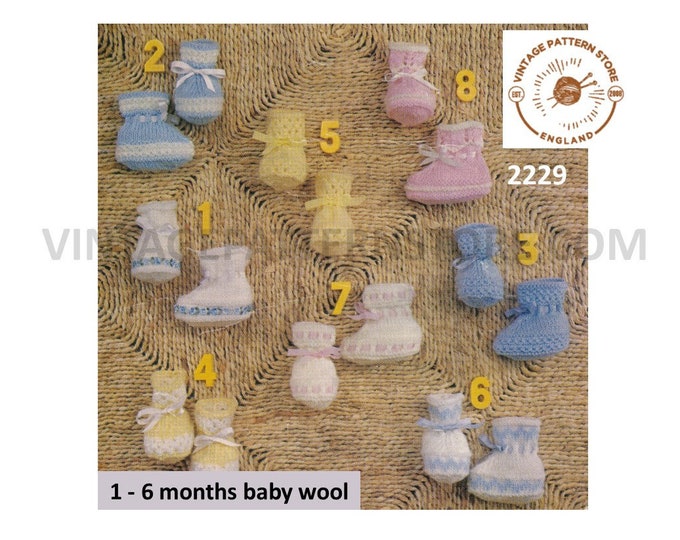 Newborn Baby Babies 70s vintage easy to knit DK booties bootees pdf knitting pattern 8 designs 1 to 6 months Instant PDF download 2229