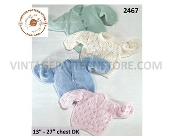 Premature preemie baby babies V and round neck lacy & plain DK cardigan PDF knitting pattern 13" to 27" chest PDF download 2467