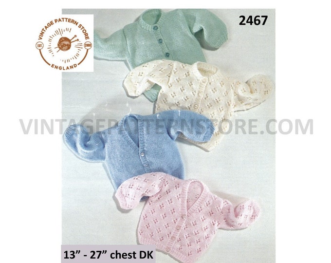 Premature preemie baby babies V and round neck lacy & plain DK cardigan PDF knitting pattern 13" to 27" chest PDF download 2467